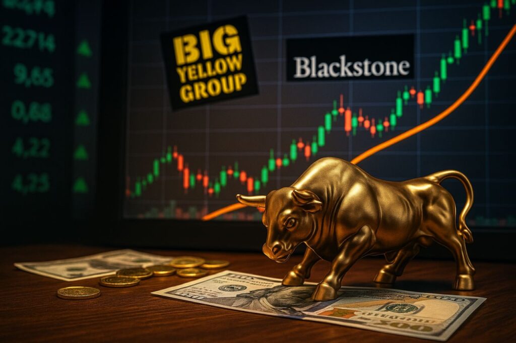 Un grafico a candele con la scritta Big Yellow e la statuetta di un toro in primo piano