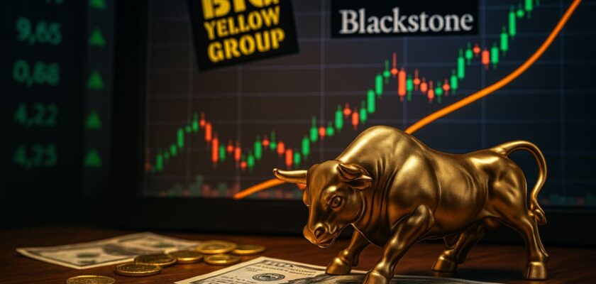 Un grafico a candele con la scritta Big Yellow e la statuetta di un toro in primo piano