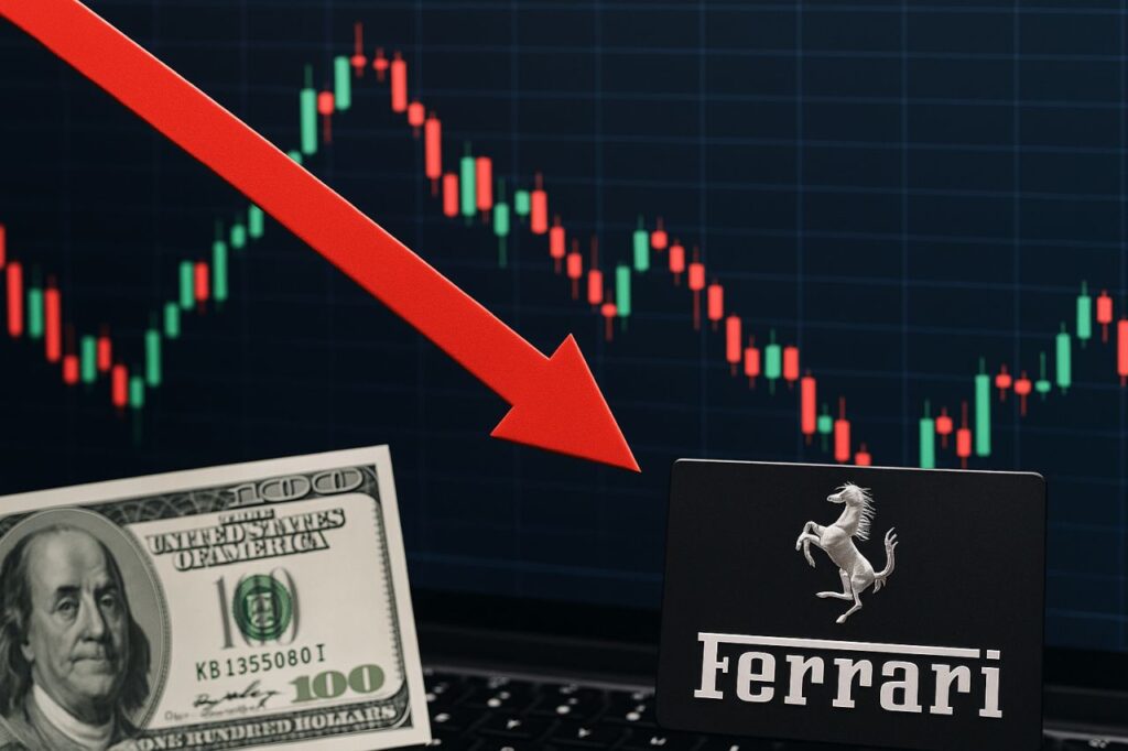 Un grafico a candele con una freccia rossa verso il basso e logo ferrari