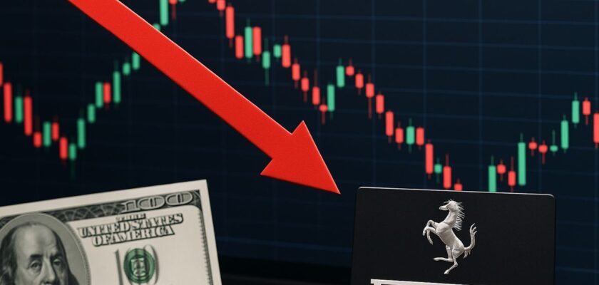 Un grafico a candele con una freccia rossa verso il basso e logo ferrari