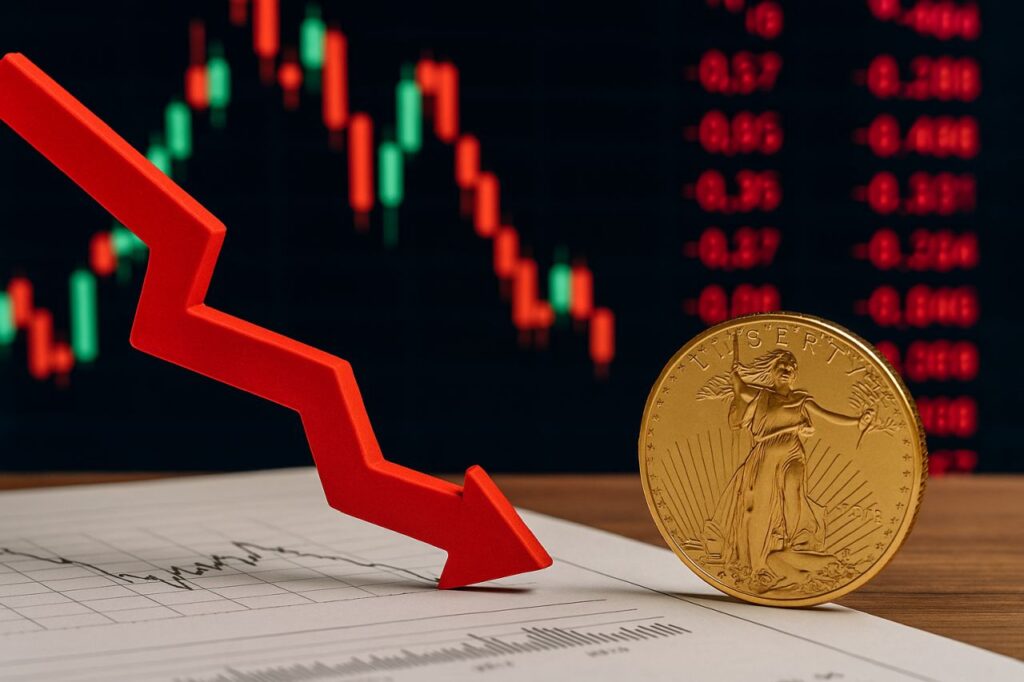 Un grafico finanziario con delle cifre sul lato destro. In sovrimpressione una freccia rossa verso il basso e una monetina