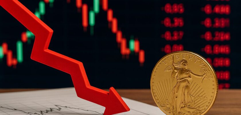 Un grafico finanziario con delle cifre sul lato destro. In sovrimpressione una freccia rossa verso il basso e una monetina
