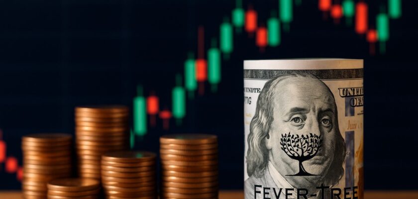 Una banconota arrotolata con la scritta Fever-Tree. Sullo sfondo un grafico a candele e delle monetine disposte in pile di altezze diverse