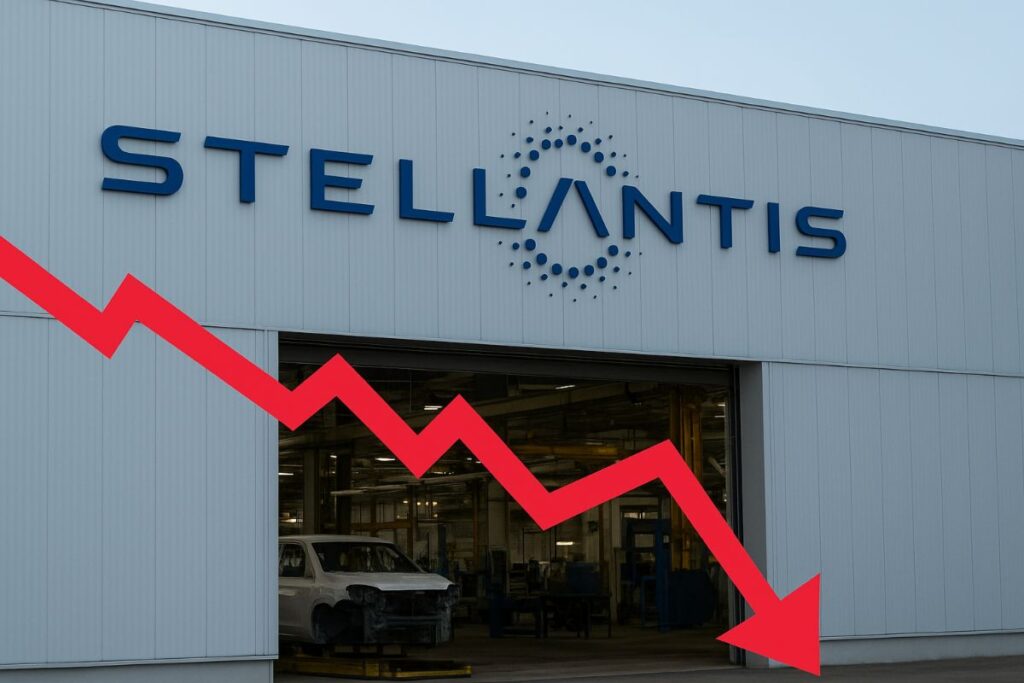 insegna Stellantis e freccia di crollo