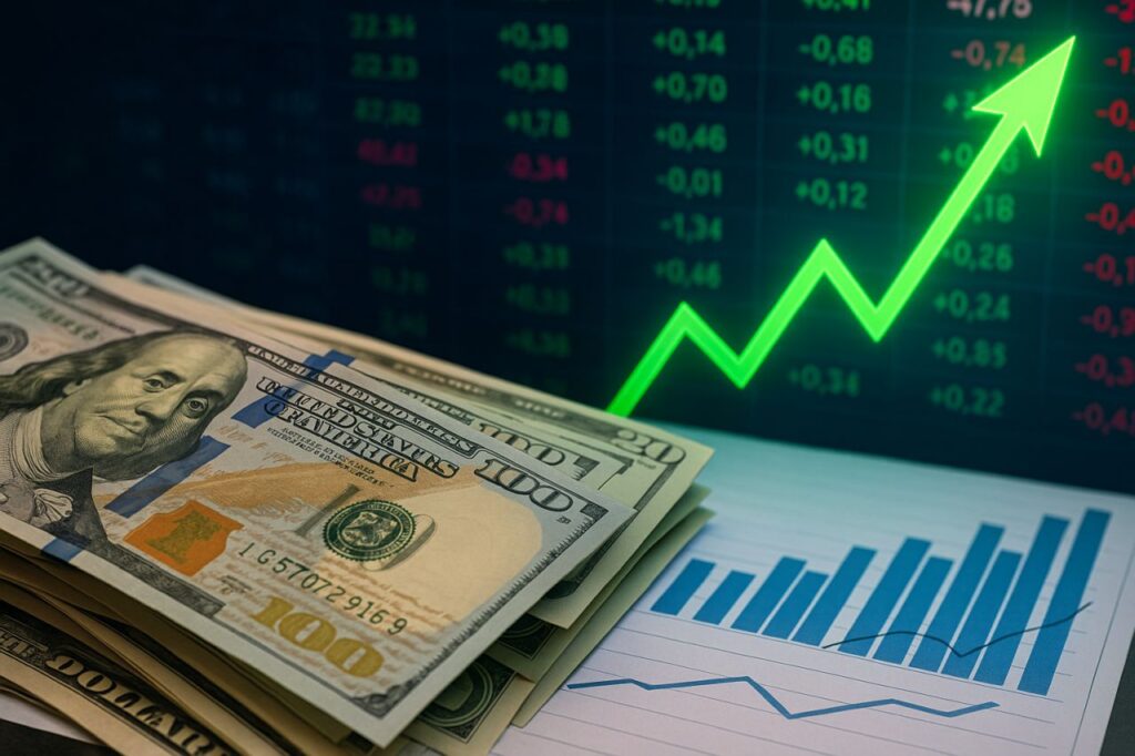 Alcune banconote in dollari poggiate su alcuni fogli con dei grafici finanziari. Sullo sfondo cifre luminose e una freccia verde verso l'alto