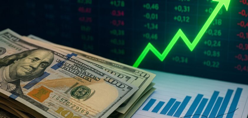 Alcune banconote in dollari poggiate su alcuni fogli con dei grafici finanziari. Sullo sfondo cifre luminose e una freccia verde verso l'alto