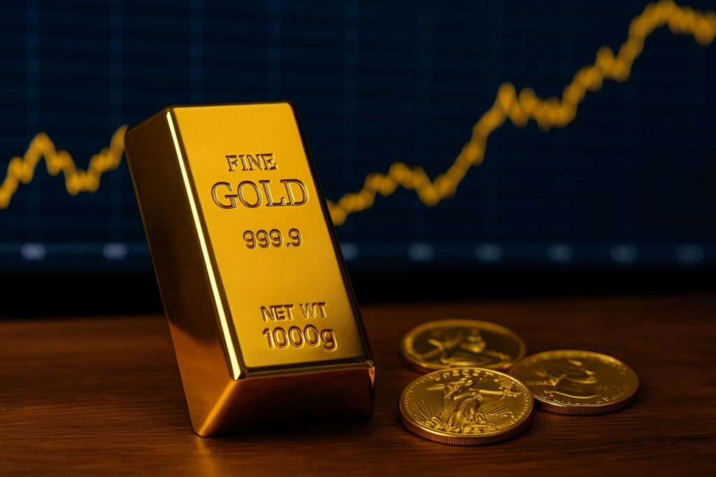 Un lingotto d'oro e delle monetine in primo piano. Sullo sfondo un grafico finanziario