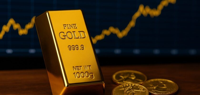 Un lingotto d'oro e delle monetine in primo piano. Sullo sfondo un grafico finanziario