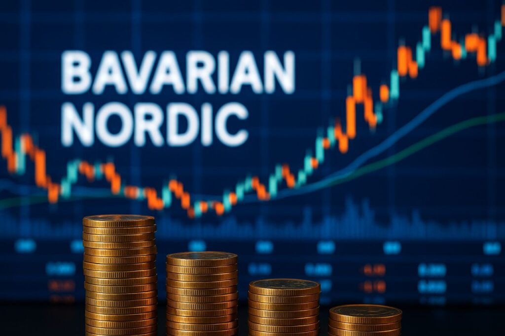 La scritta Bavarian Nordic con delle monete disposte in pile decrescenti da sinistra verso destra e un grafico a candele sullo sfondo