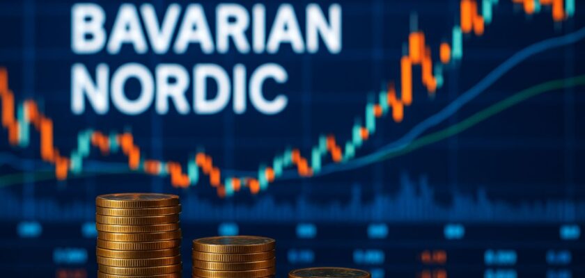 La scritta Bavarian Nordic con delle monete disposte in pile decrescenti da sinistra verso destra e un grafico a candele sullo sfondo