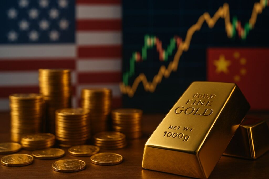 Un lingotto d'oro con alcune monete disposte in pile sullo stesso piano. Sullo sfondo la bandiera degli USA e un grafico finanziario