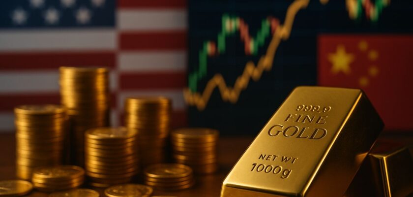 Un lingotto d'oro con alcune monete disposte in pile sullo stesso piano. Sullo sfondo la bandiera degli USA e un grafico finanziario