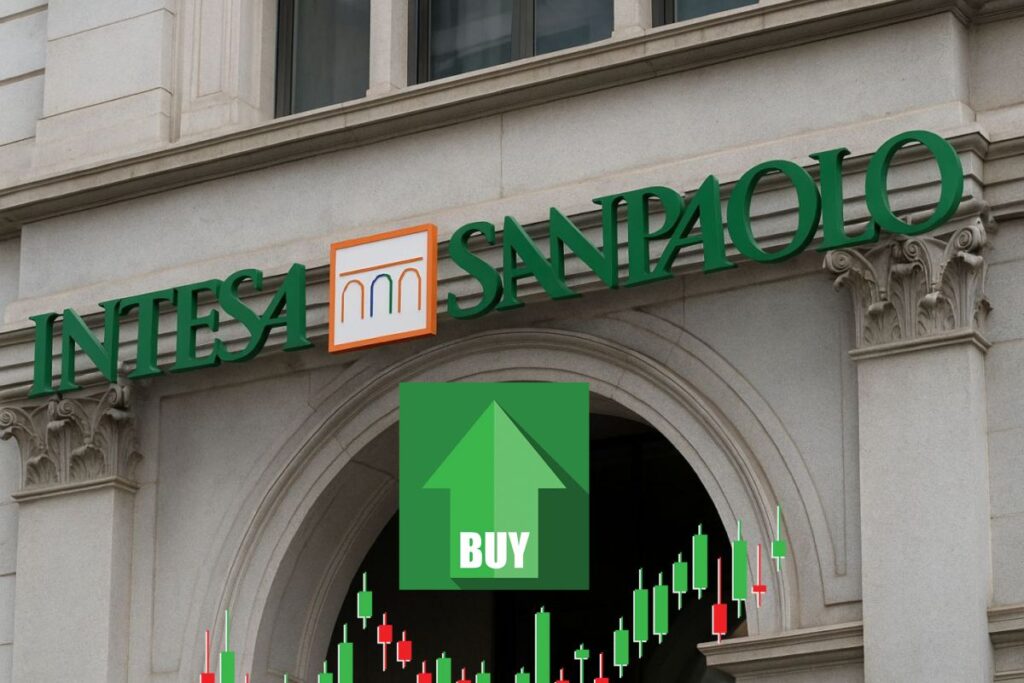 insegna Intesa Sanpaolo e tasto "buy"