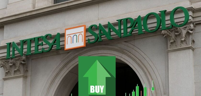 insegna Intesa Sanpaolo e tasto "buy"