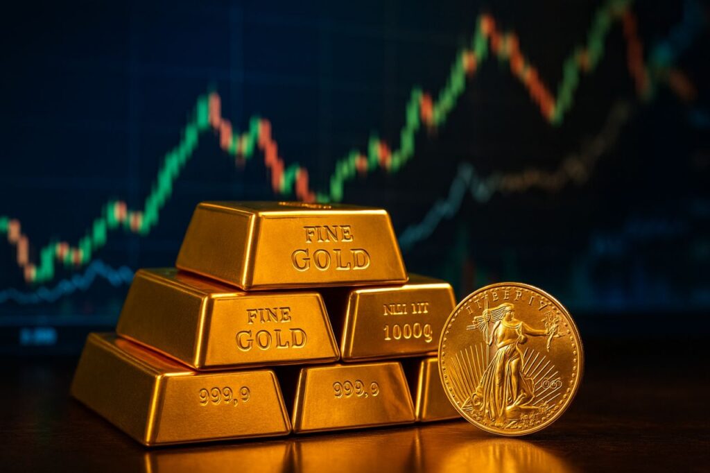Alcuni lingotti d'oro disposti a piramide con una monetina d'oro davanti e un grafico a candele sullo sfondo