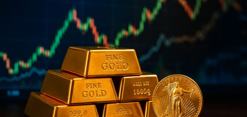 Alcuni lingotti d'oro disposti a piramide con una monetina d'oro davanti e un grafico a candele sullo sfondo