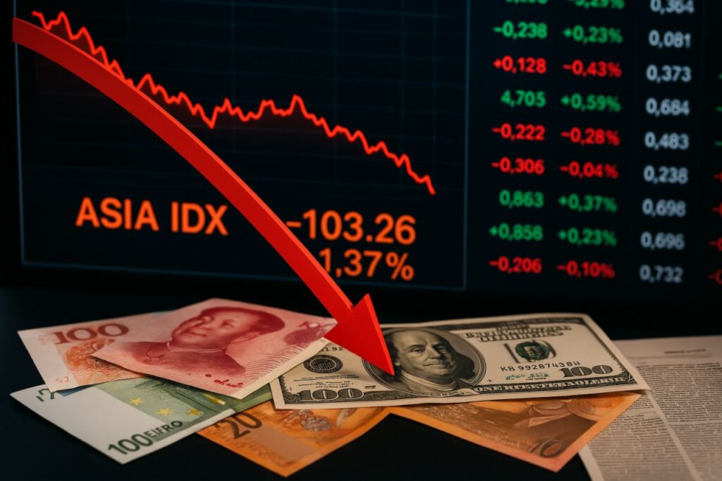 Un grafico finanziario in discesa, con una freccia rossa verso il basso e delle banconote su un piano