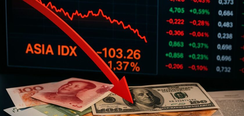 Un grafico finanziario in discesa, con una freccia rossa verso il basso e delle banconote su un piano