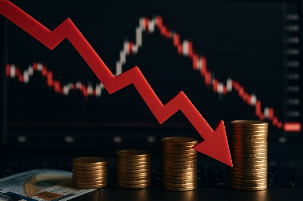 Un grafico a candele con una freccia rossa verso il basso in primo piano. In basso delle monetine disposte in piccole pile