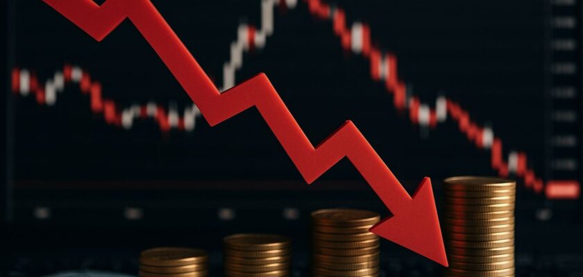 Un grafico a candele con una freccia rossa verso il basso in primo piano. In basso delle monetine disposte in piccole pile