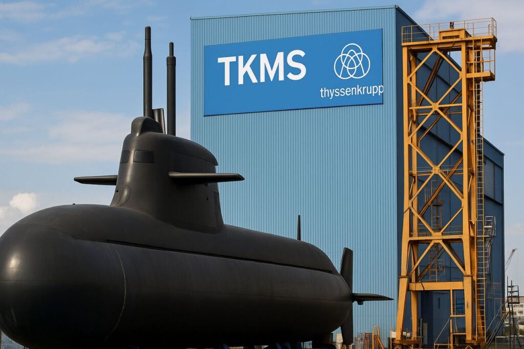 Un sommergibile in un cantiere navale con la scritta TKMS in alto