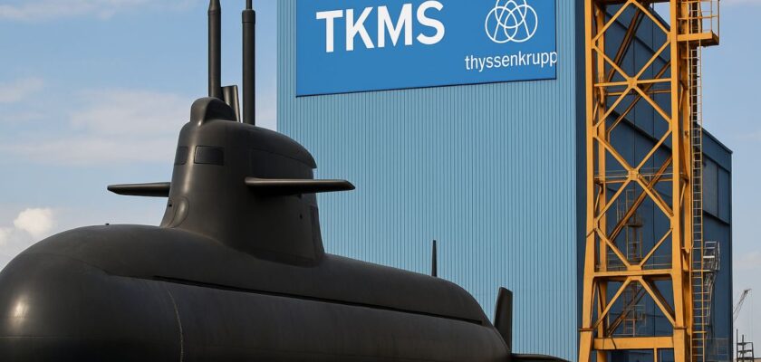 Un sommergibile in un cantiere navale con la scritta TKMS in alto