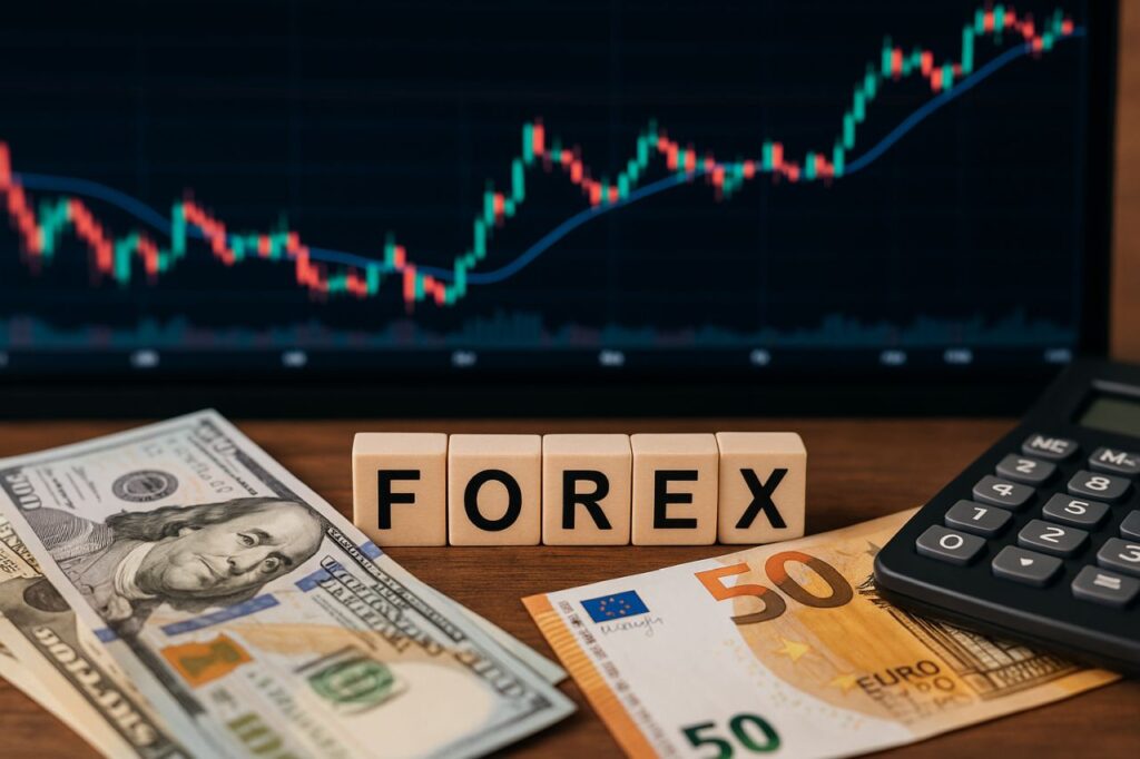 La scritta Forex realizzata con dei cubetti di legno disposti su una scrivania. Sullo stesso piano delle banconote di valute diverse e una calcolatrice. Sullo sfondo un grafico a candele