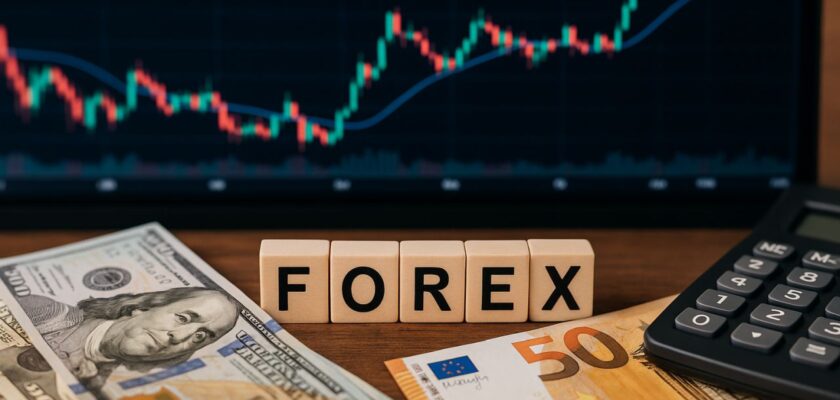 La scritta Forex realizzata con dei cubetti di legno disposti su una scrivania. Sullo stesso piano delle banconote di valute diverse e una calcolatrice. Sullo sfondo un grafico a candele