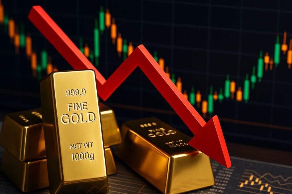Alcuni lingotti d'oro con un grafico a candele sullo sfondo e una freccia rossa verso il basso in primo piano