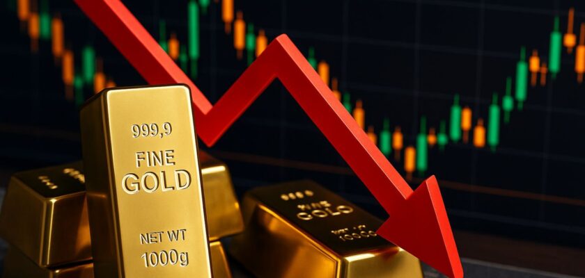 Alcuni lingotti d'oro con un grafico a candele sullo sfondo e una freccia rossa verso il basso in primo piano
