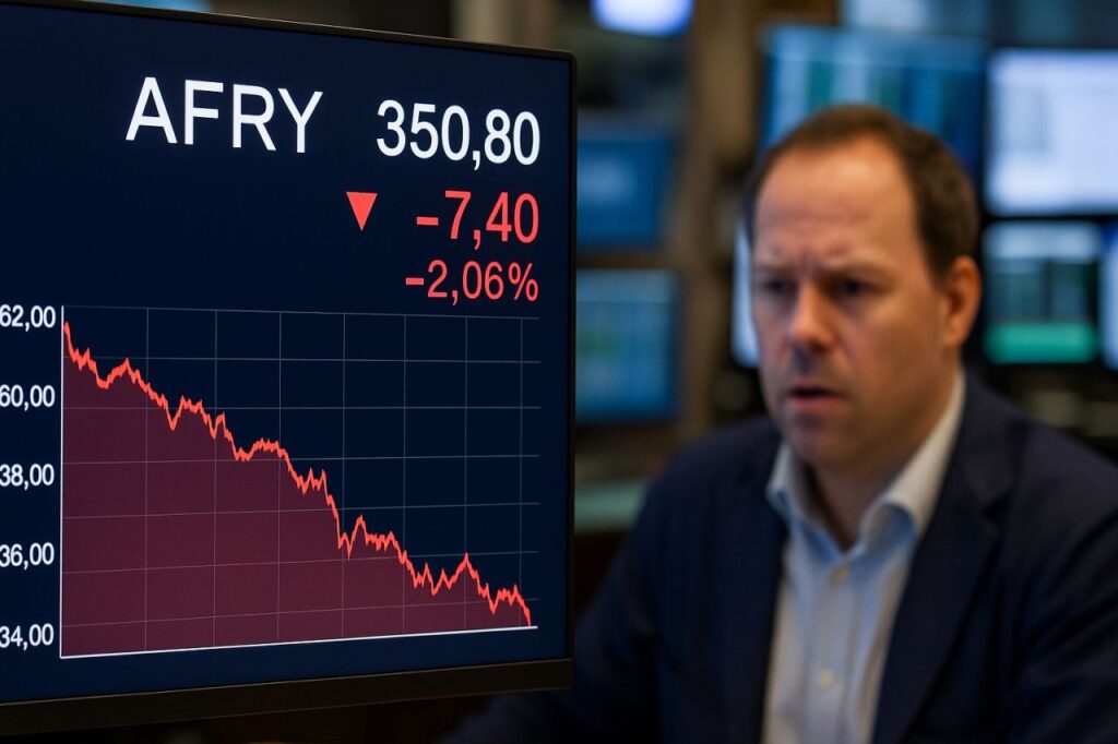 Primo piano di un investitore e uno schermo accanto a lui con la scritta Afry e l'andamento del titolo
