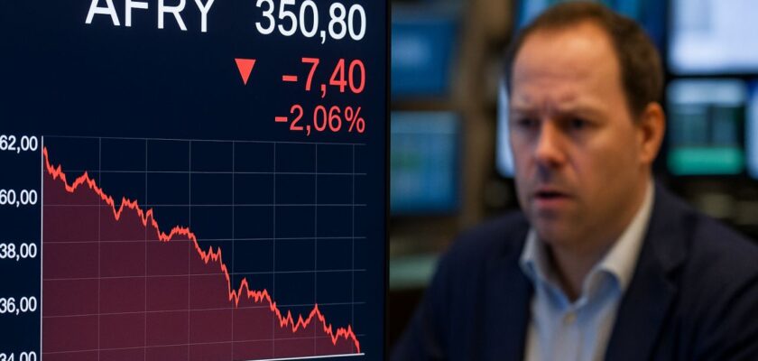 Primo piano di un investitore e uno schermo accanto a lui con la scritta Afry e l'andamento del titolo