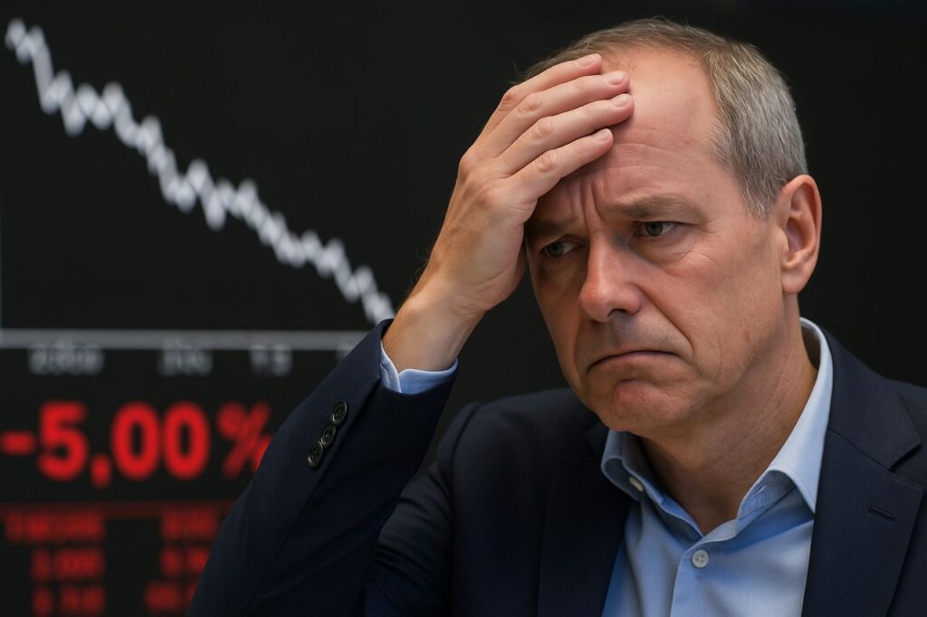 Primissimo piano di un investitore di mezza et&agrave; con una mano sulla fronte e alle sue spalle un grafico finanziario in discesa