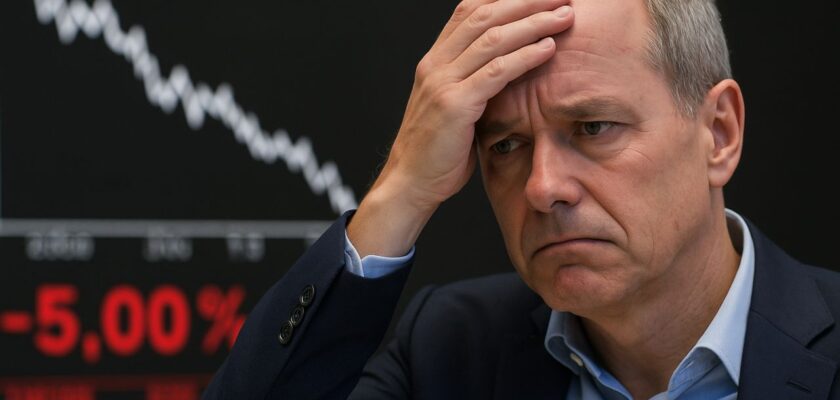 Primissimo piano di un investitore di mezza età con una mano sulla fronte e alle sue spalle un grafico finanziario in discesa