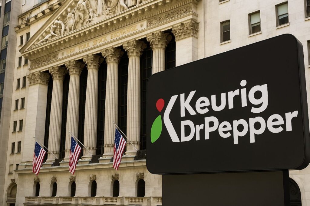 Un edificio storico con un'insegna davanti con logo e scritta Keurig Dr Pepper
