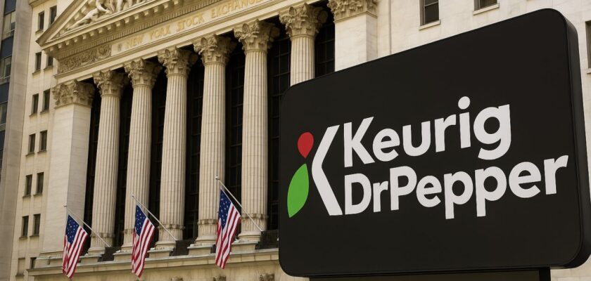 Un edificio storico con un'insegna davanti con logo e scritta Keurig Dr Pepper