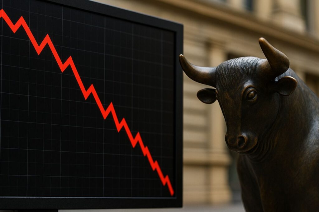 La statua di un toro con uno schermo accanto con un grafico finanziario in discesa
