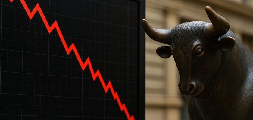 La statua di un toro con uno schermo accanto con un grafico finanziario in discesa