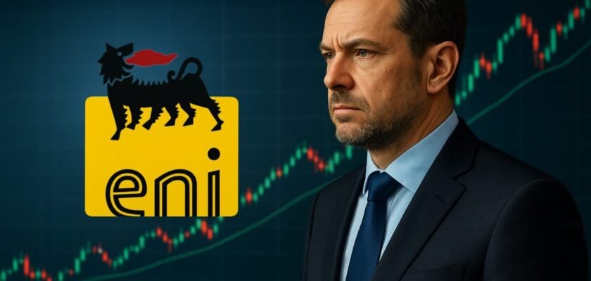 trader che pensa e logo Eni