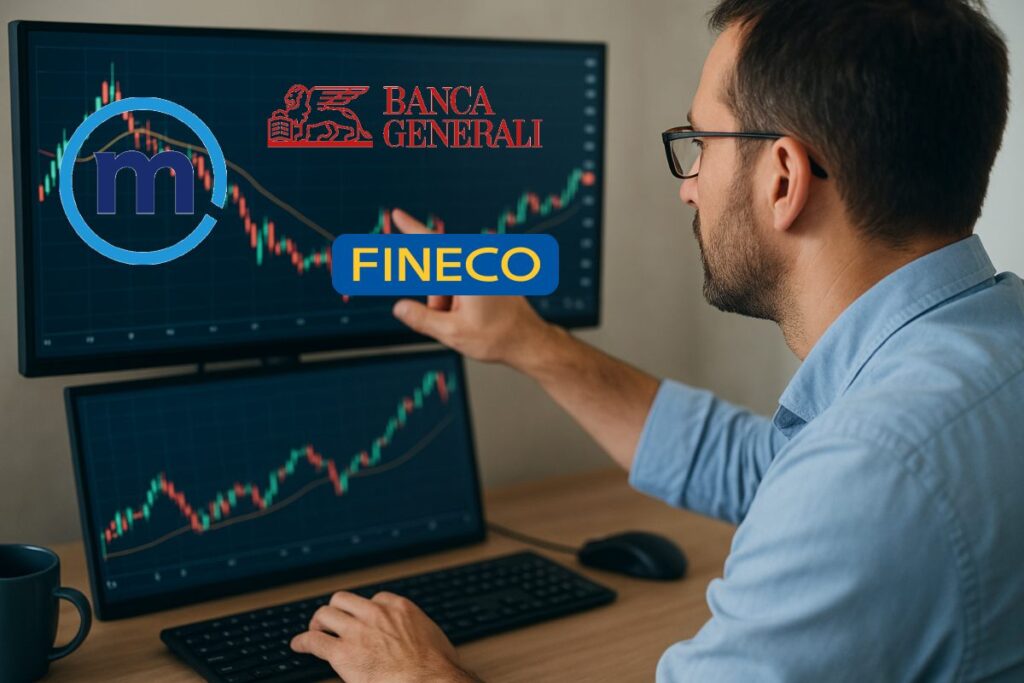 trader in azione e loghi del risparmio gestito