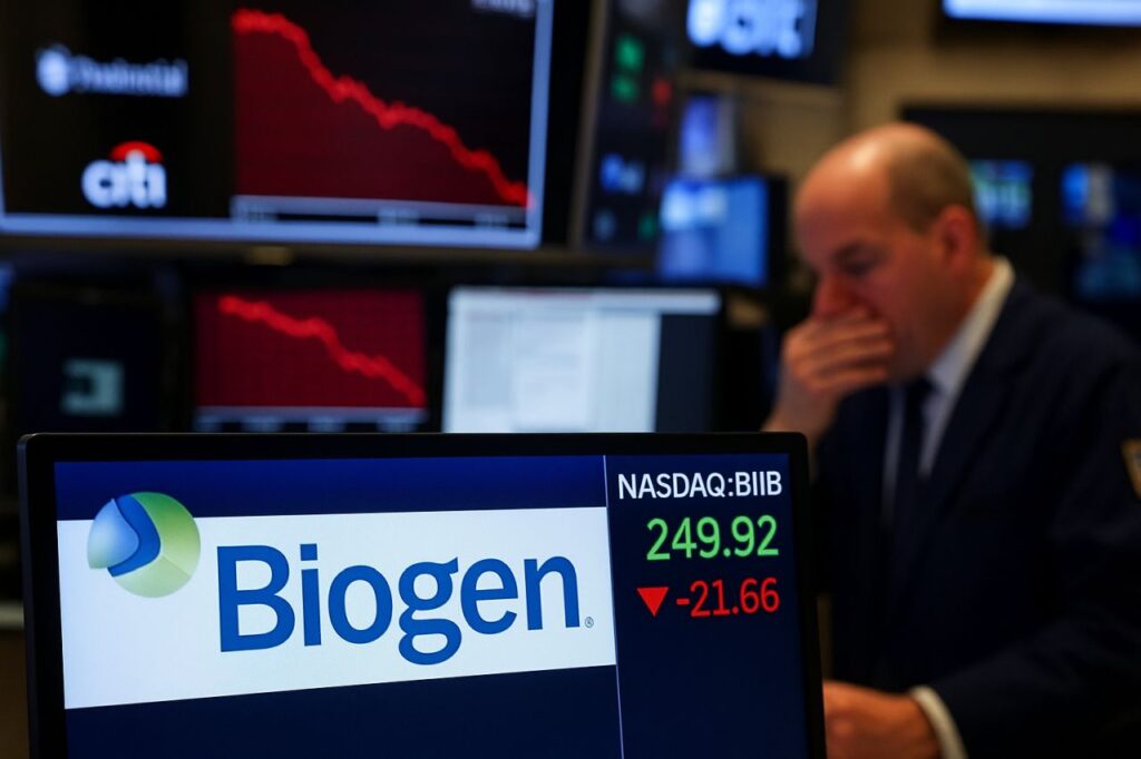 Una sala della Borsa con diversi schermi e grafici finanziari. In basso la scritta Biogen