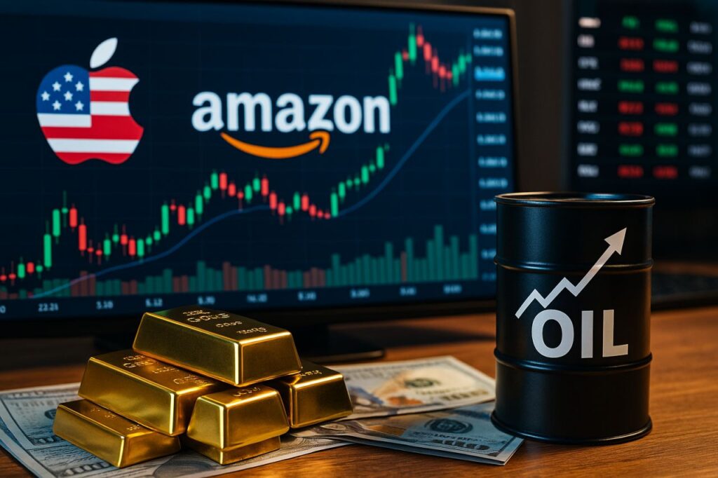 Uno schermo con un grafico a candele, i loghi di Amazon e di Apple, un tavolo con dei lingotti d'oro, delle banconote in dollari e un barile di petrolio in miniatura