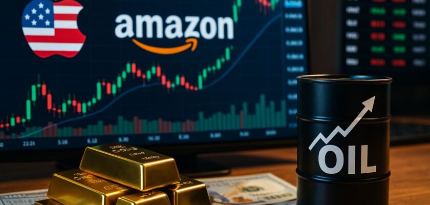 Uno schermo con un grafico a candele, i loghi di Amazon e di Apple, un tavolo con dei lingotti d'oro, delle banconote in dollari e un barile di petrolio in miniatura