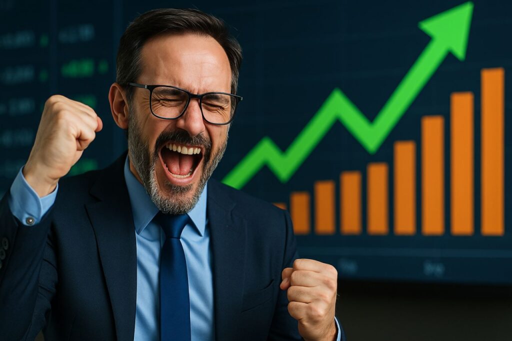Primo piano di un investitore che esulta con dei grafici in grescita alle sue spalle