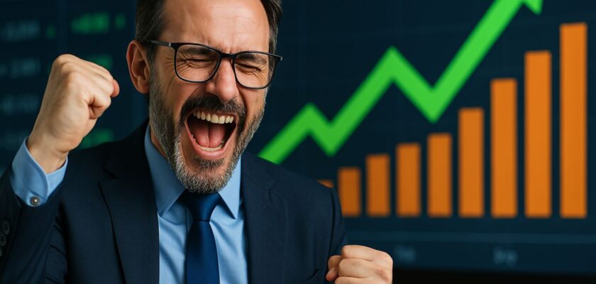 Primo piano di un investitore che esulta con dei grafici in grescita alle sue spalle