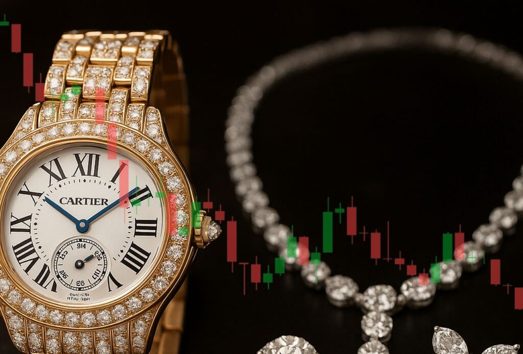 Un orologio Cartier e dei gioielli su sfondo nero. In sovrimpressione, in trasparenza, un grafico a candele