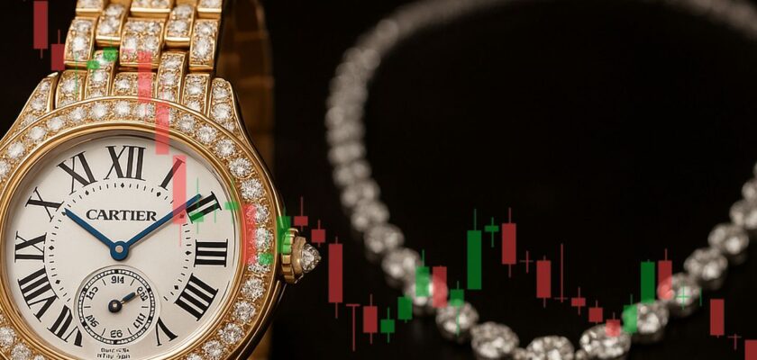 Un orologio Cartier e dei gioielli su sfondo nero. In sovrimpressione, in trasparenza, un grafico a candele