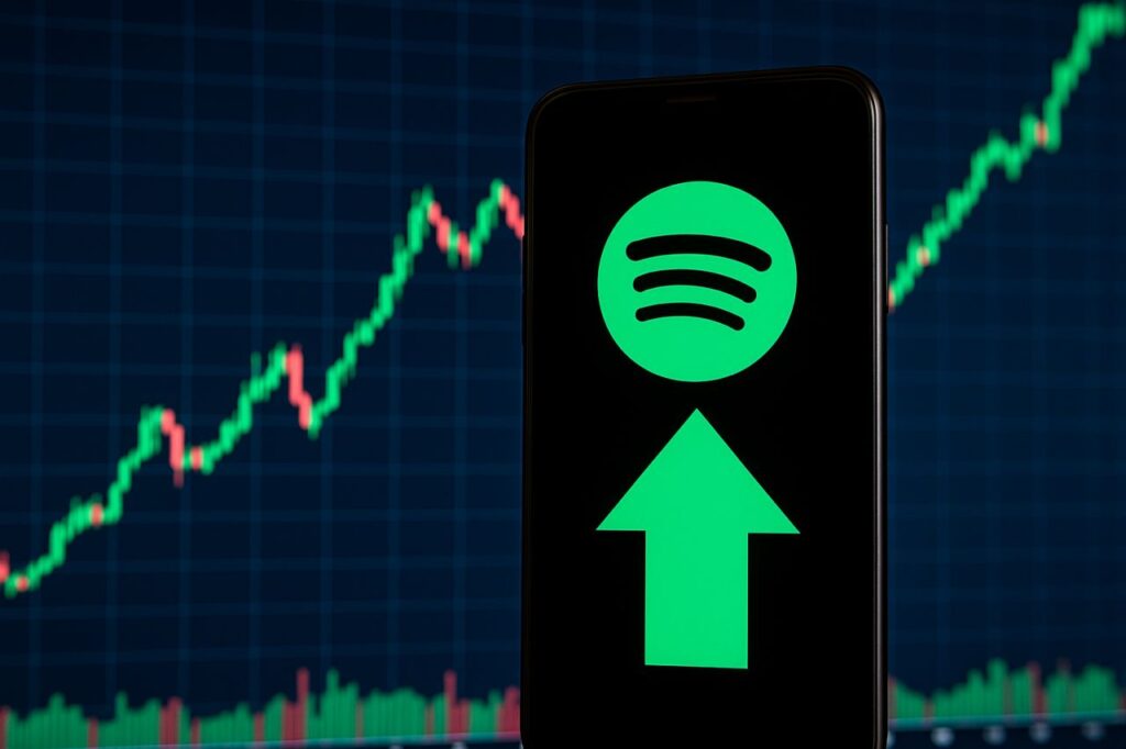 Il logo di Spotify al centro con una freccia verde verso l'alto. Sullo sfondo un grafico a candele