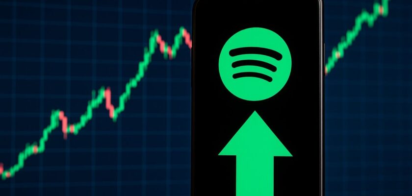 Il logo di Spotify al centro con una freccia verde verso l'alto. Sullo sfondo un grafico a candele