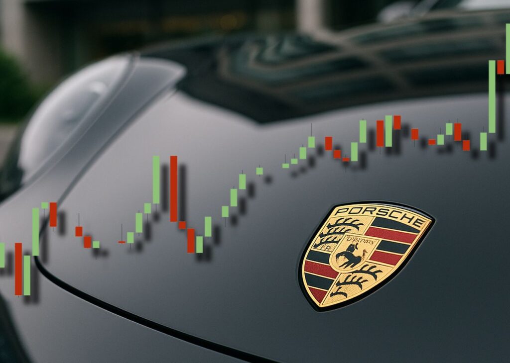 Il cofano anteriore di una Porsche con il marchio in bella vista. In sovrimpressione un grafico a candele